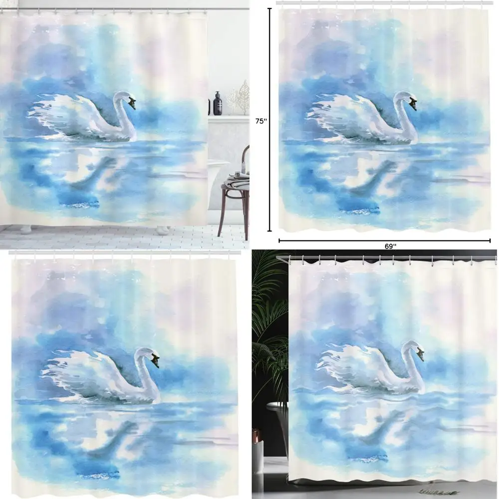 

aqua-toned watercolor swan art shower curtain, featuring a serene swan on riverbank, fabric bathroom accessor
