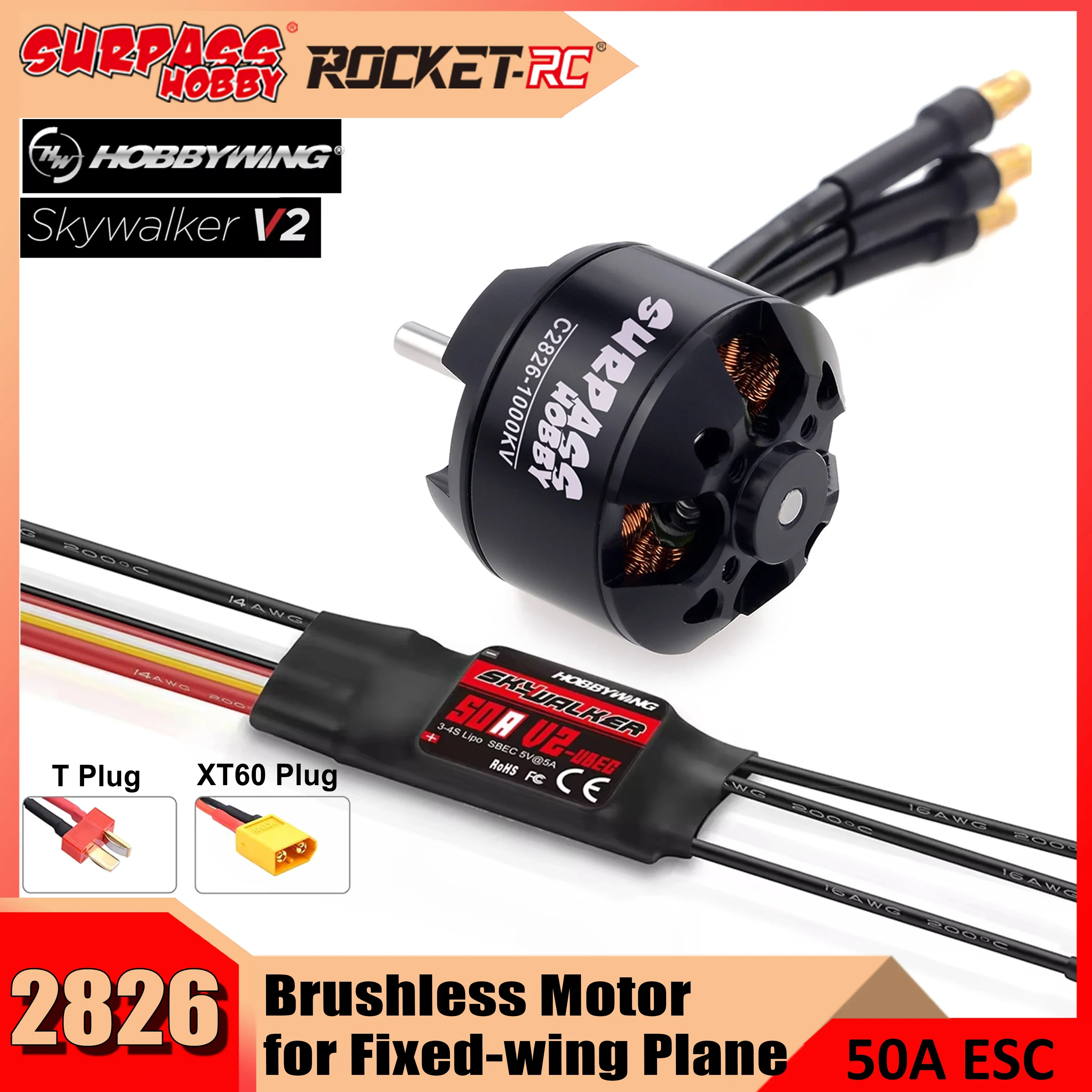 

Surpass Hobby 2208(2826) 2826 Brushless Motor with HobbyWing 50A V2 ESC Combo for RC 100g-350g Fixed-wing Plane Racing Drone