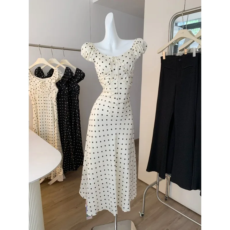 Robe élégante à manches courtes pour femmes, Style français, jupe longue amincissante, col à volants, à pois, été