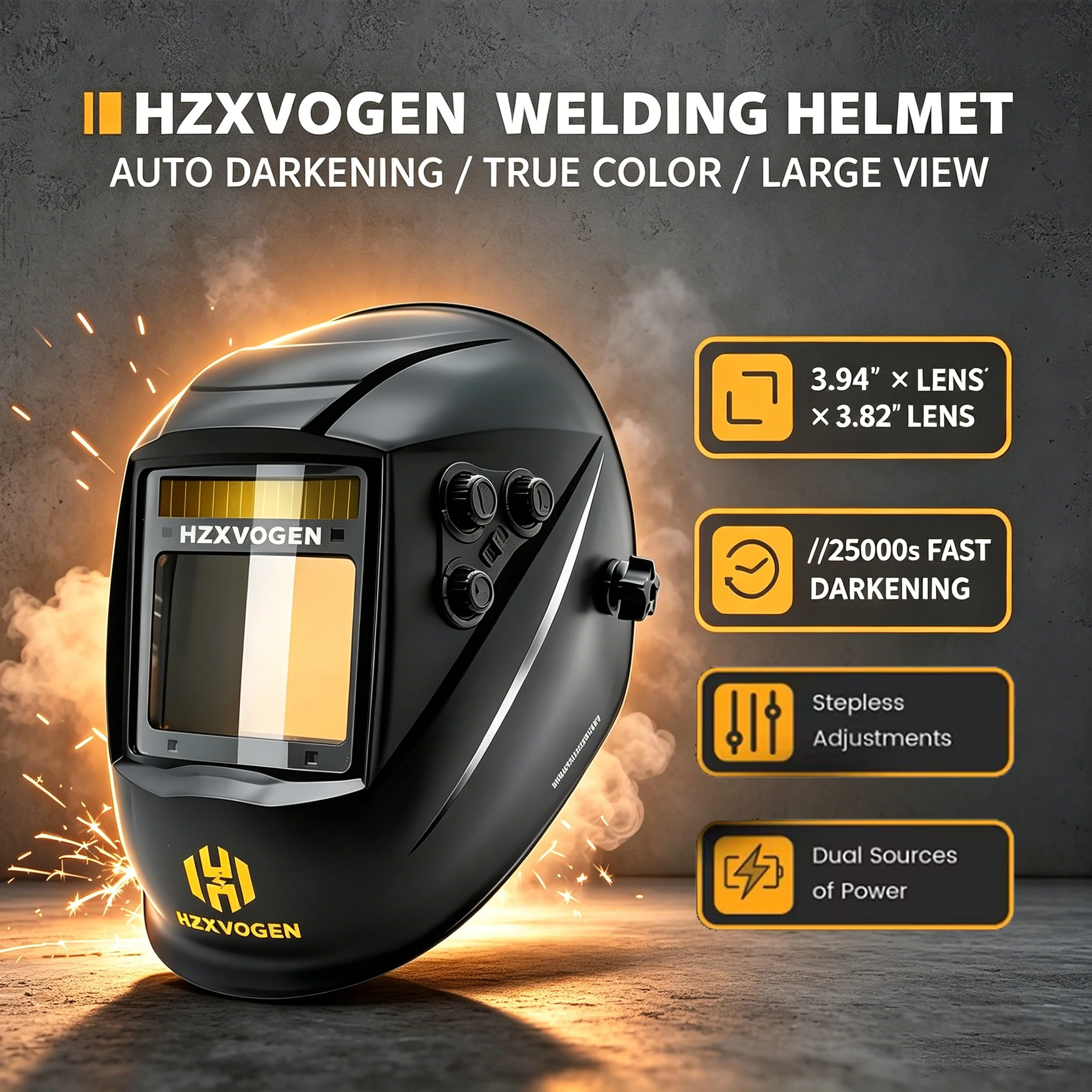 HZXVOGEN HV008 Auto Darkening Welding Helmet Adjust Welder Mask for MIG TIG ARC Plasma Cutting Large Viewing Area True Color 4C Lens Solar/Battery Powered Welder Mask for TIG MIG