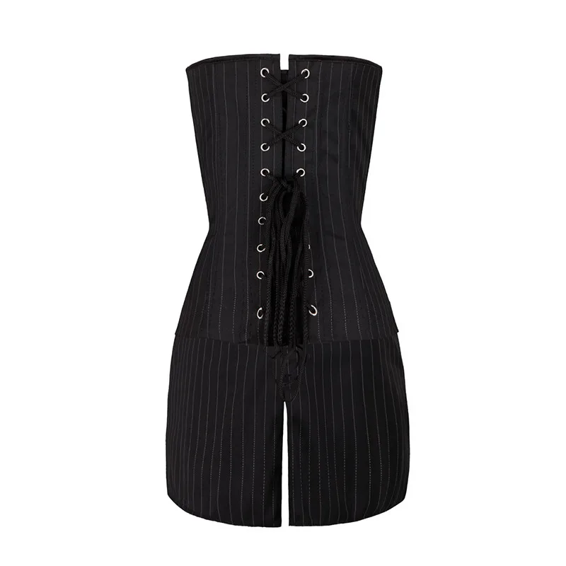 Sexy Two Piece Set Overbust Corset Plus Size Corsets and Bustiers Tops With Mini Skirt Striped Office Women Dress Sets
