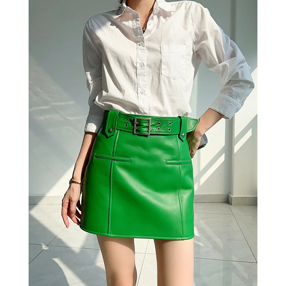 

2023 New Style Women Locomotive Genuine Sheepskin Leather Short Skirt