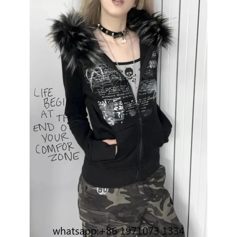 Y2k Fur Patchwork Grunge Hoodies Women Streetwear Vintage Harajuku Gothic Print Hooded Sweatshirt Coat Aesthetic Slim Jacket