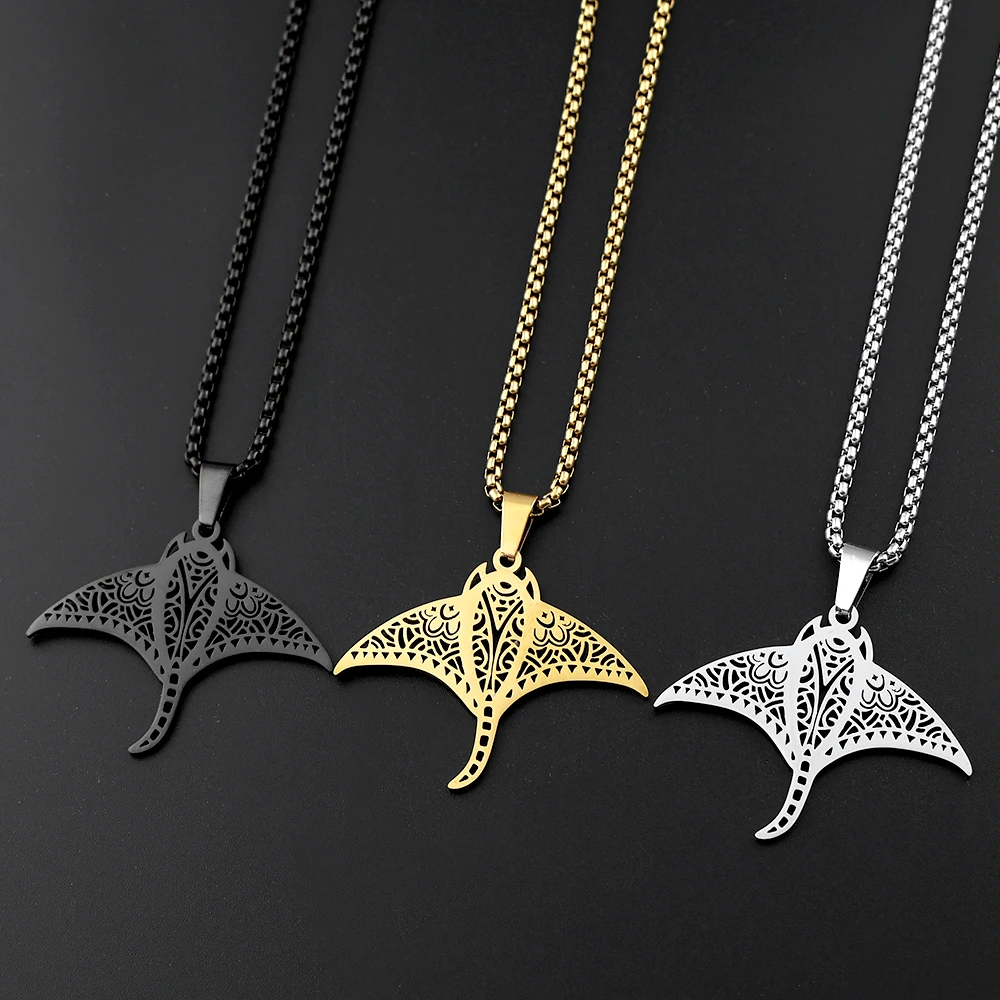 Manta Ray Polynesian Totem Kette für Damen und Herren, Edelstahl, silberfarben, Devil Ray, ethnische Halskette, Glanzfisch-Schmuck – Detail 7