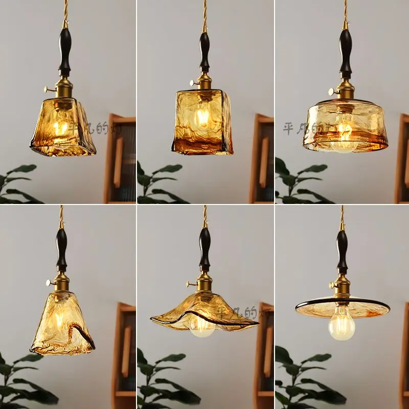 Retro Japanese style glass chandelier personalized showcase homestay bedroom bedside lamp Nordic coffee colored chandelier