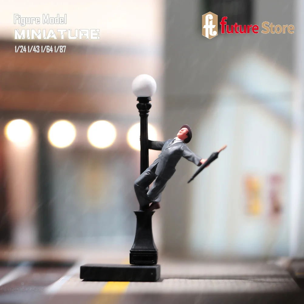 Resin 3D Print 1/87 1/64 1/43 1/24 Male Singer Sing Dance Under Streetlights Rainny Scene Props Creative Figure Model Figurine