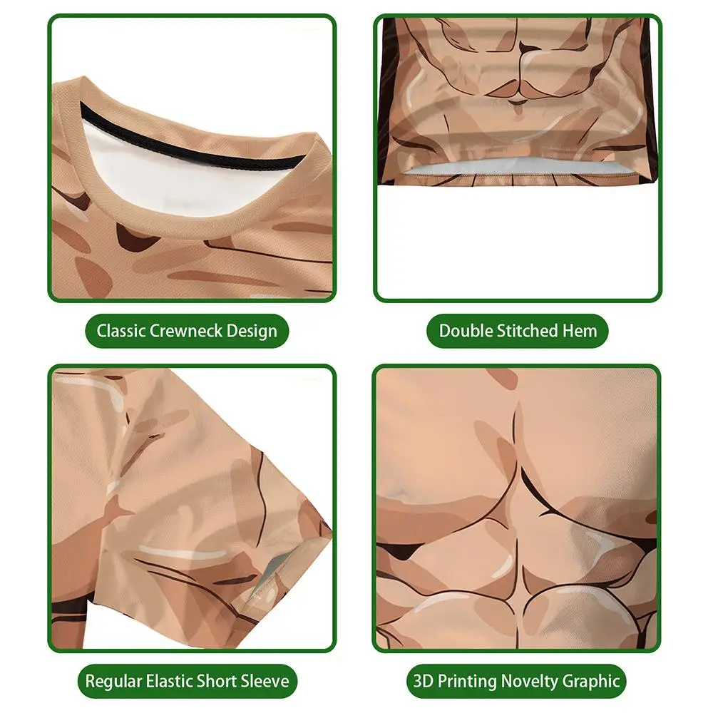 New 3D Fake Abdominal Muscles Funny T-shirt Daily Outdoor Street Fun Short-sleeved Men's Halloween Role-playing Round Neck Top