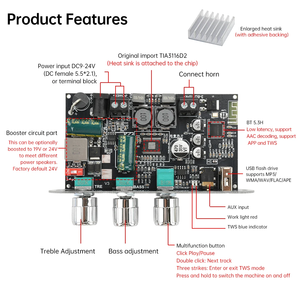 

ZK-1001U 100W Mono Bluetooth 5.3 Mono Amplifier Board DC 9-24V Amplifier Module Support APP Amplifier Chip TPA3116D2
