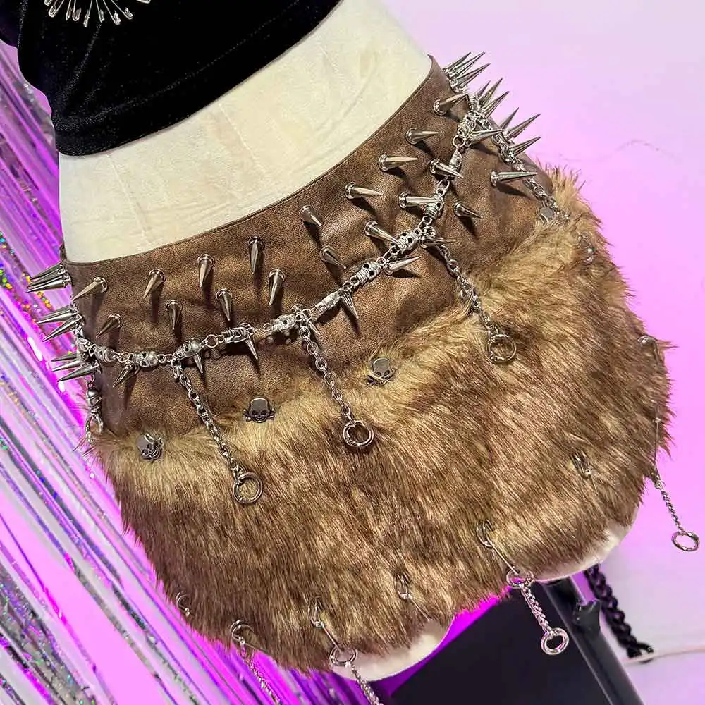 原宿系 カワイイ ティーン Y2K ヴィーガンレザー エモ スタッズ付き リベット エコ ゴス パンク ロック スタッズ付き ゴシック フェイクファー スカート グランジ ハンドメイド