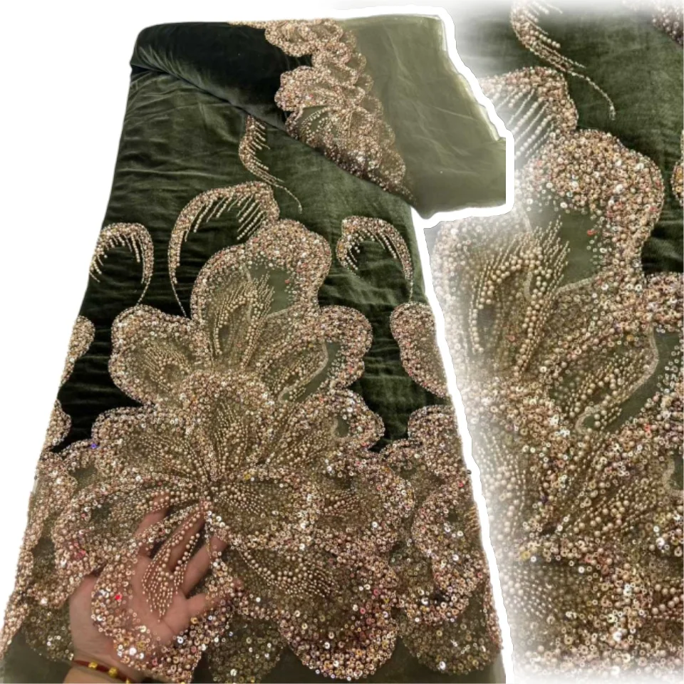 2025 Black African Nigerian Velvet Lace Fabric High Quality Lace Fabric with Stones Beads for Sewing Wedding Party Cloth CC1569