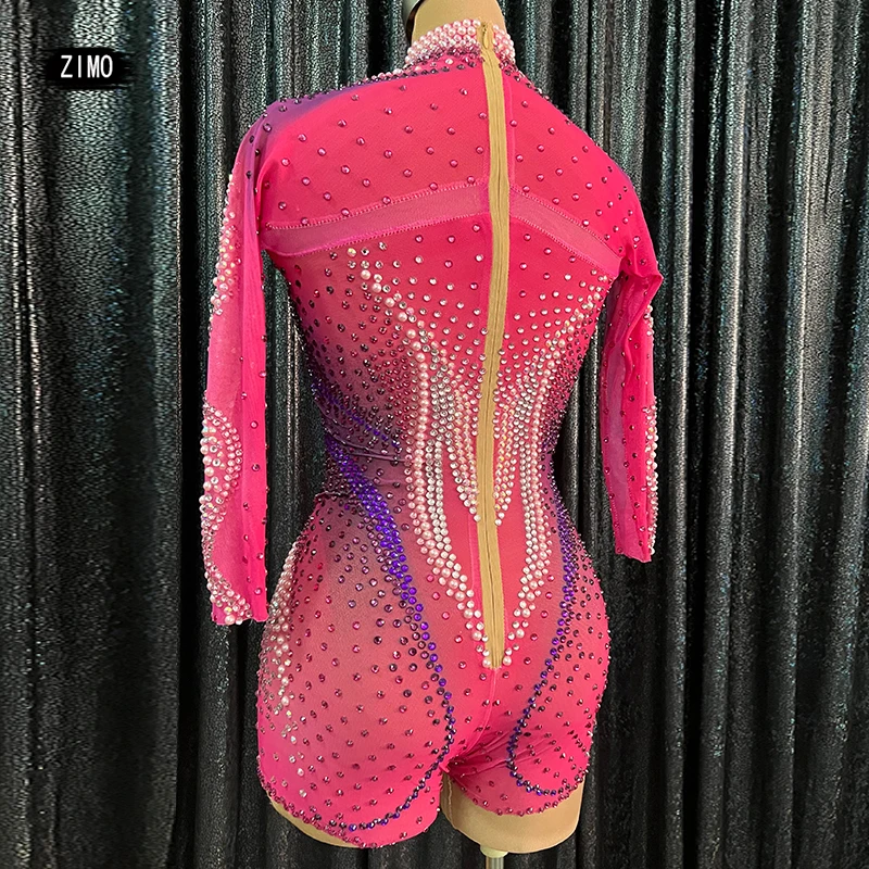 luxury sparkle Full rhinestones jumpsuit sexy pink pearl bodysuit club party birthday leotard DS pole dance drag queen costumes