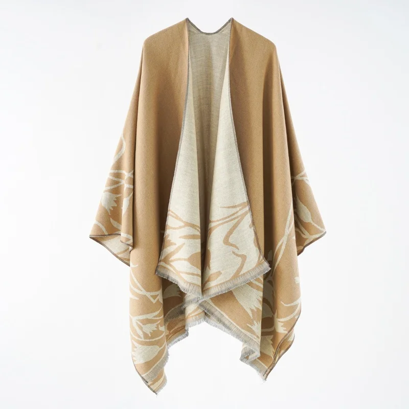 A ladies\' double-sided scarf in autumn and winter Jacquard cashmere split cloak warm shawl