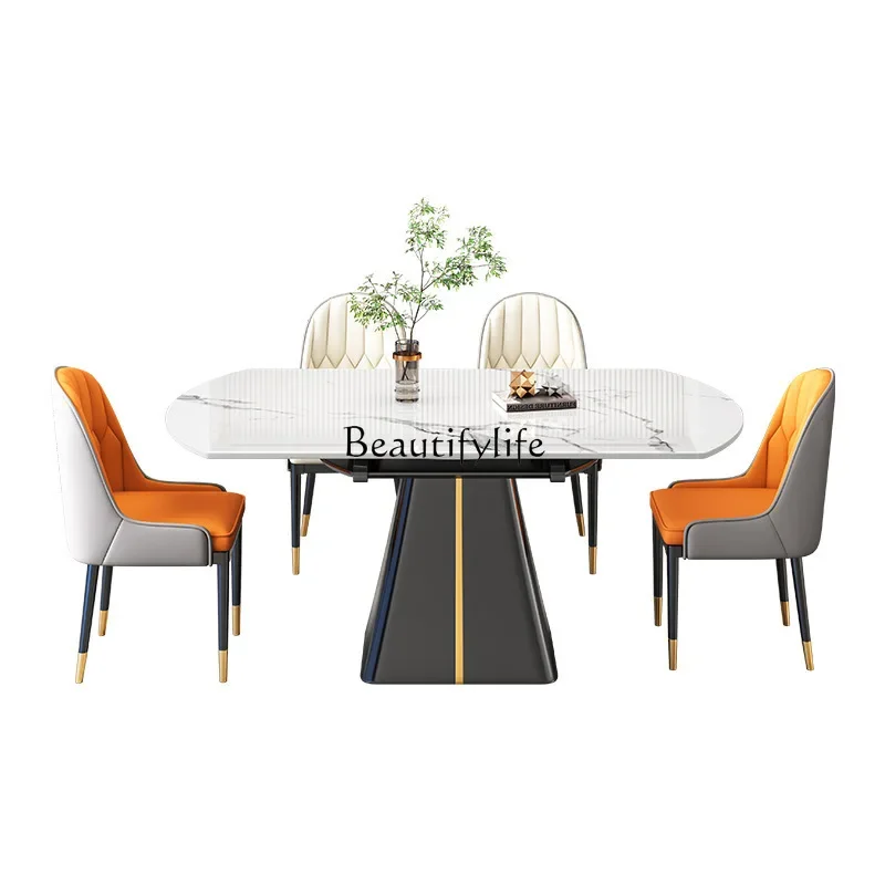 

LJY*Fangyuan dual-purpose light luxury folding rock slab dining table and chairs simple retractable round table