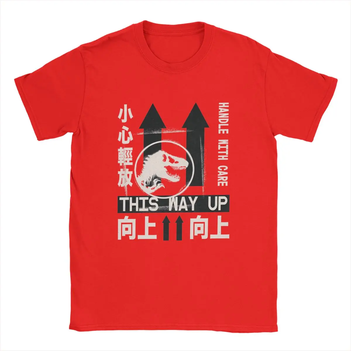 Men Jurassic World This Way Up T-Rex Kanji Poster T Shirts 100% Cotton Tops Casual Round Collar Tee Shirt Birthday Gift T-Shirt