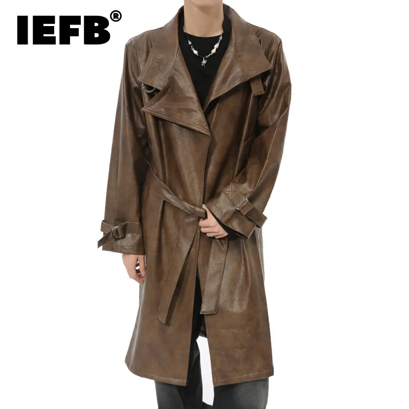 

IEFB High Street Men's Windbreakers Pu Leather Belt Overknee Metal Ring Solid Color New Trendy Male Long Trench Fashion 9C7653