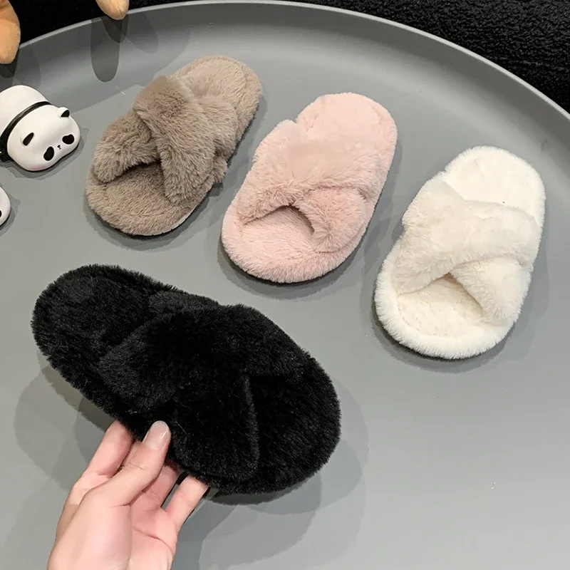 

Winter New Kids Open-toe Slippers Solid Color Versatile Girls Home Cotton Shoes Fashion Warm Fluffy Children Fur Slippers Soft