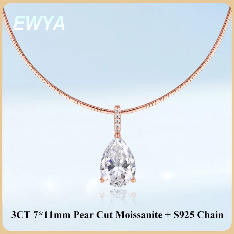 EWYA 3ct الكمثرى قطع سوليتير مويسانيتي الماس قلادة القلائد النساء الزفاف s925 الفضة 1.5 مللي متر الصلبة المختنق سلسلة عنق هدية