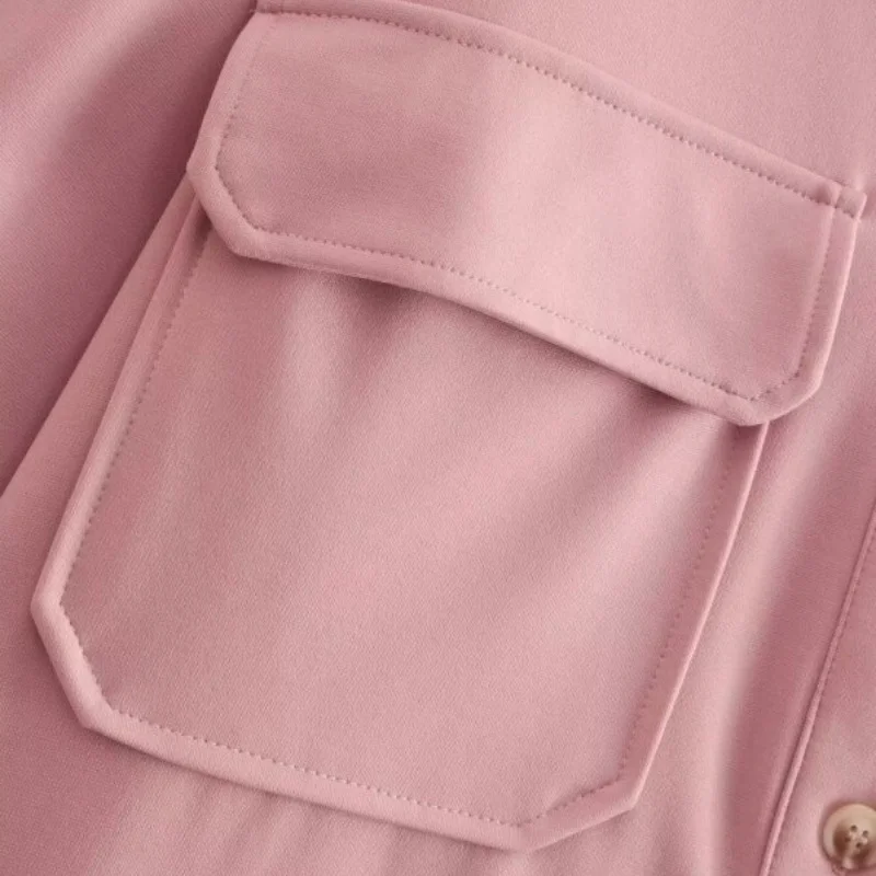 エレガントなソリッドポケットボタンシャツカジュアルフルスリーブオフィスレディトップス女性秋ルーズストリートウェアベージュピンクカラーシャツトップス