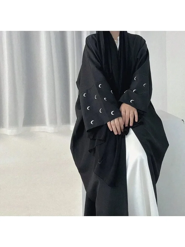 

Muslim Open Front Abays Muslim Dress Elegant Humble Moon Embroidery Sleeve Cardigan Abaya Shawl Cape Suitable for And Festivals