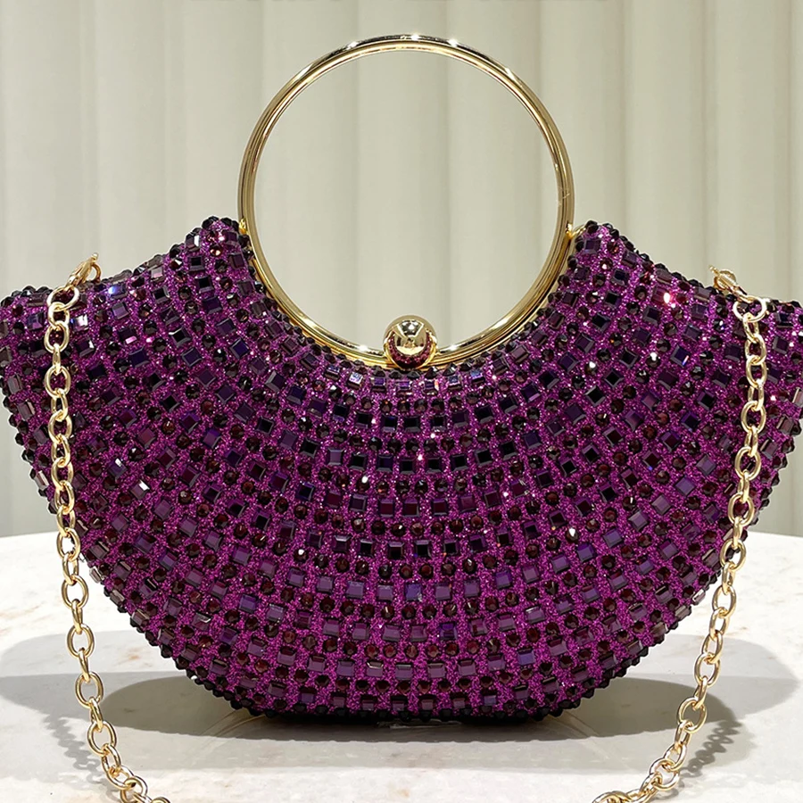 Purple shiny luxurious diamond ring handle handbag lady's evening bag for party dress wedding clutch purse chains shoulder bags view 2