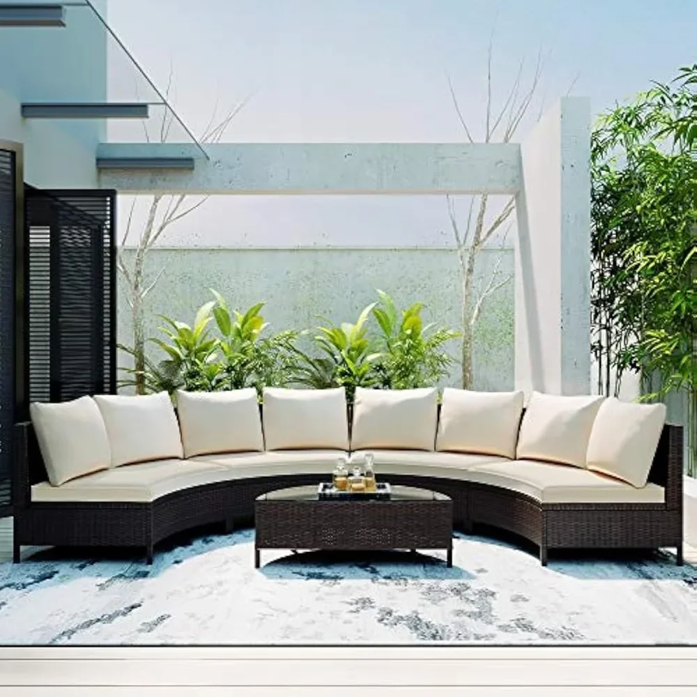 

5-Piece Outdoor Patio Sectional Furniture Set – Wicker Half Moon Conversation Sofa Couch with Beige Cushions