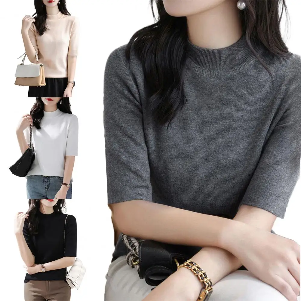 

Летний вязаный свитер с коротким рукавом, однотонная футболка в корейском модном стиле, повседневная женская одежда с круглым вырезом, уличная одежда для поездок на работу