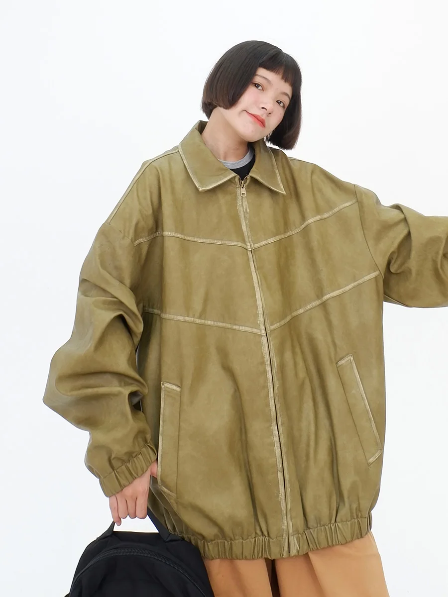 

Spliced open thread PU leather lapel jacket for women's 2023 autumn new loose fitting bf American high-end jacket