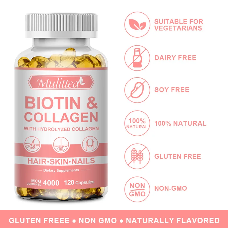 Mulittea Biotin & Collagen Capsules For Healthy Nails Hair Growth Strong Hair Dry Hair Smooth Skin Hydrating Antioxidant
