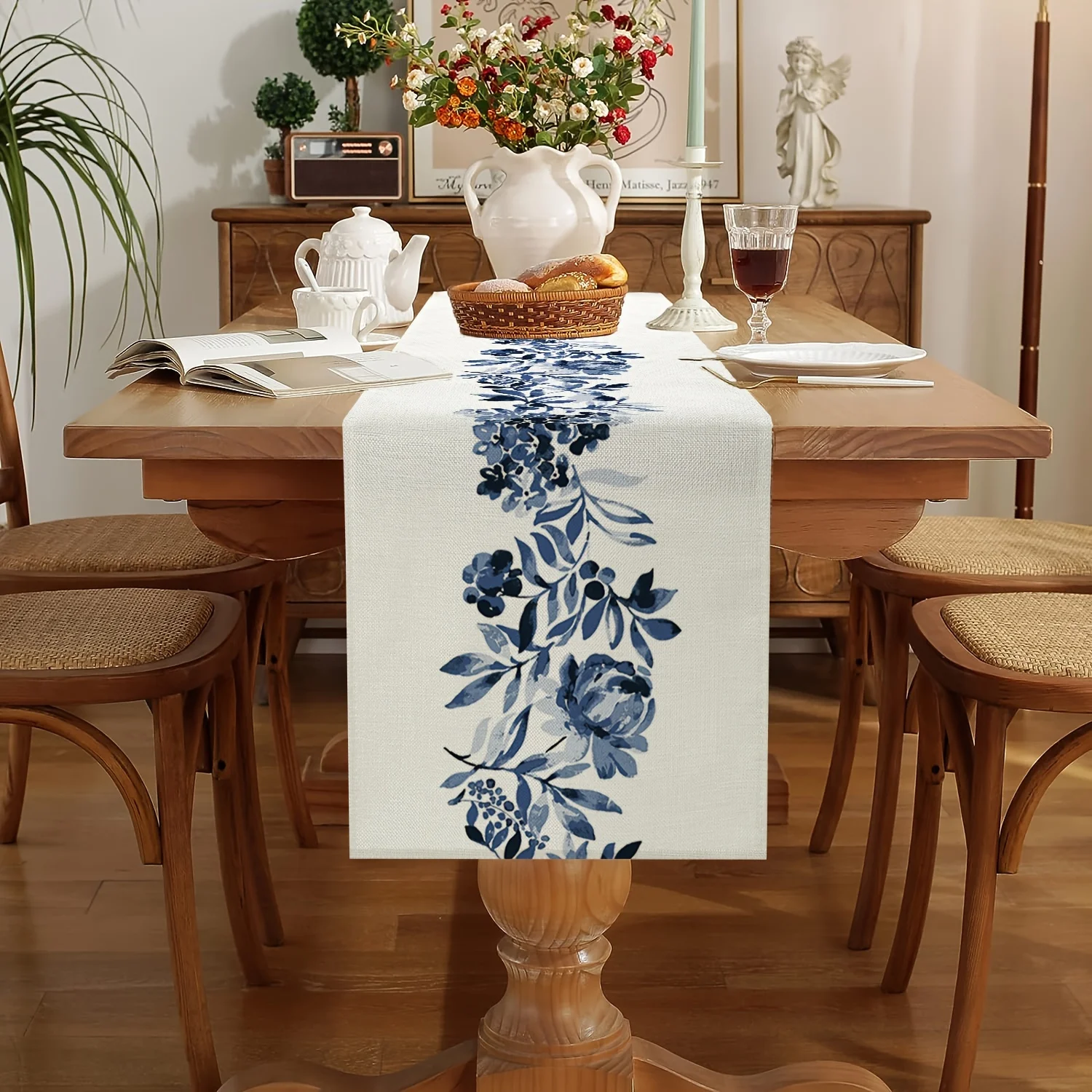 Boho Blue Flowers Linen Table Runners Dresser Scarf Table Decor Kitchen Dining Table Decor Farmhouse Holiday Wedding Party Decor
