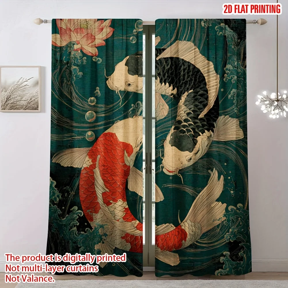 Elegant Koi Fish Print Curtains 2 Pcs Waterproof Ocean Underwater Window Decor for Modern Luxury Home Living Room Curtains