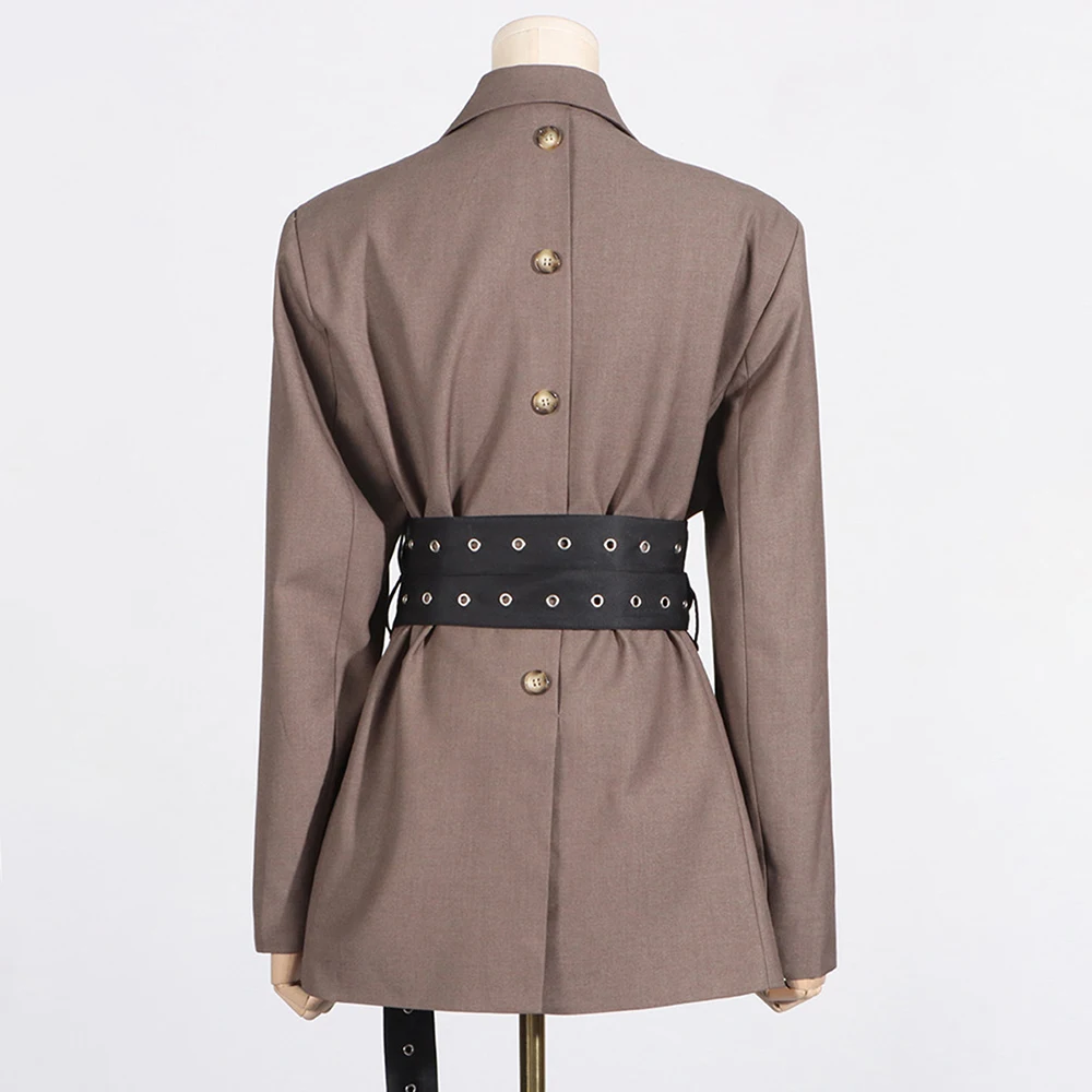 VGH High Street Splicedเข็มขัดSlimming Blazersสําหรับผู้หญิงNotchedคอยาวแขนยาวTunic Blazerหญิงแฟชั่นใหม่