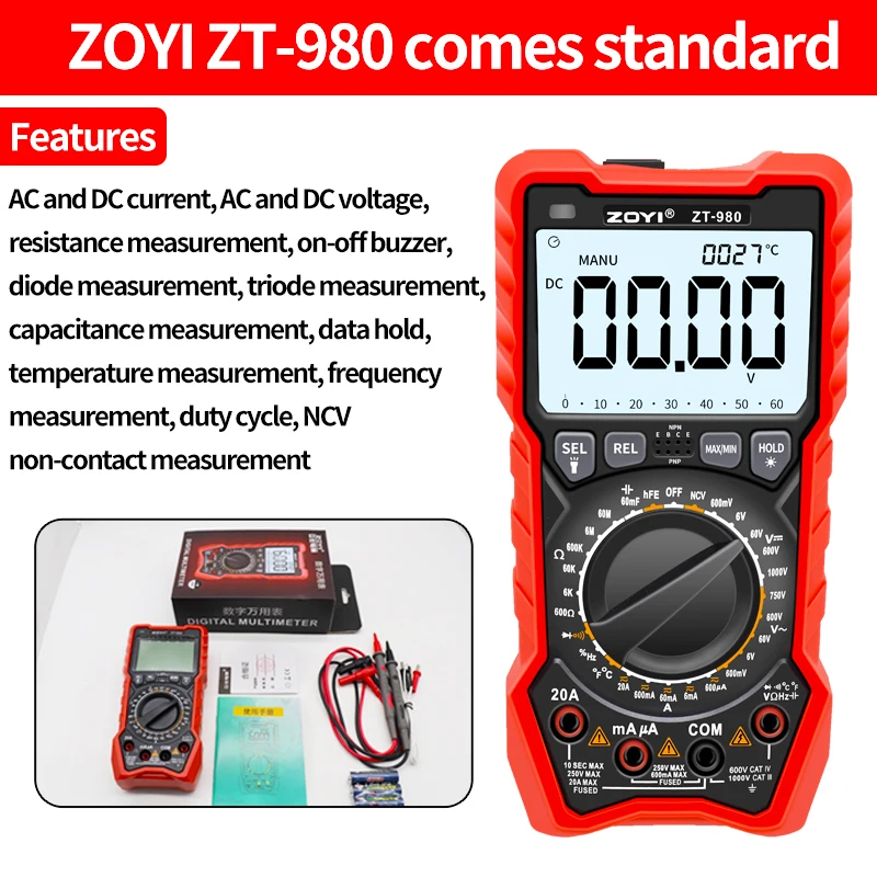 ZT-980 ZOYI profesjonalny multimetr cyfrowy Tester głosowania AC/DC detektor NCV tester rezystancji testomierz amperomierz pojemnościowy