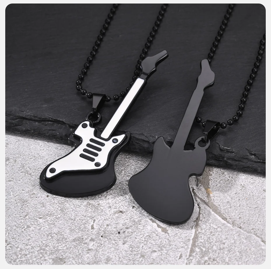 Vnox Herren Gitarren-Anhänger Halskette, Perlenkette Schwarz-Weiß Emaillierter E-Gitarren-Anhänger Halsketten Rock-Musik-Schmuck Party-Geschenk – Detail 5