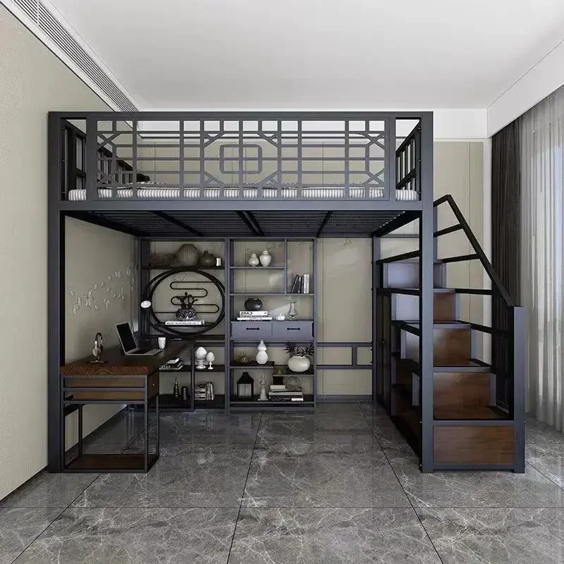 Настраиваемая новая кровать-чердак в китайском стиле с листом на верхнем этаже, железный каркас для маленькой квартиры, детской квартиры