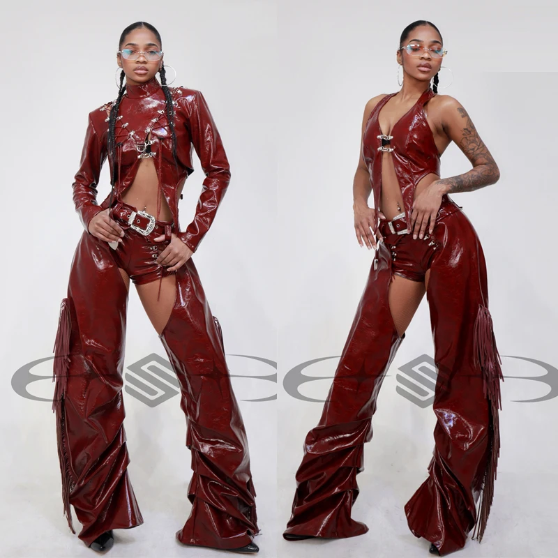 Bar Nightclub DS DJ Sexy Pole Dance Clothing Women Red Leather Festival Outfits Stage Performance Clothes Rave Wear XS11295
