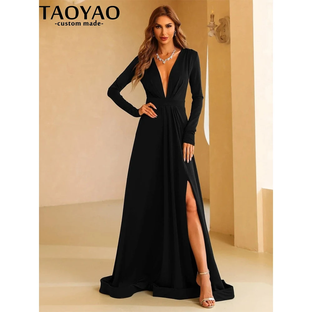 TaoYao Women Evening Dresses New Elegant A Line V Neck Prom Dresses Long Sleeve Split Thigh Formal Party Gowns Elegant 2023