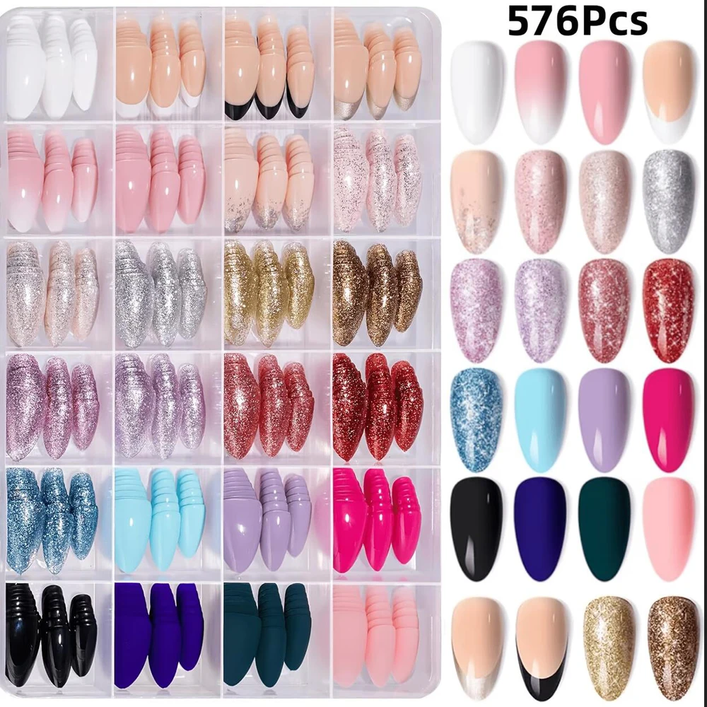 576pcs Solid Color Fine Glitter Almond Fake Nails Glitter French Glossy Frosted Fake Nails Multi-colored Almond Press On Nails