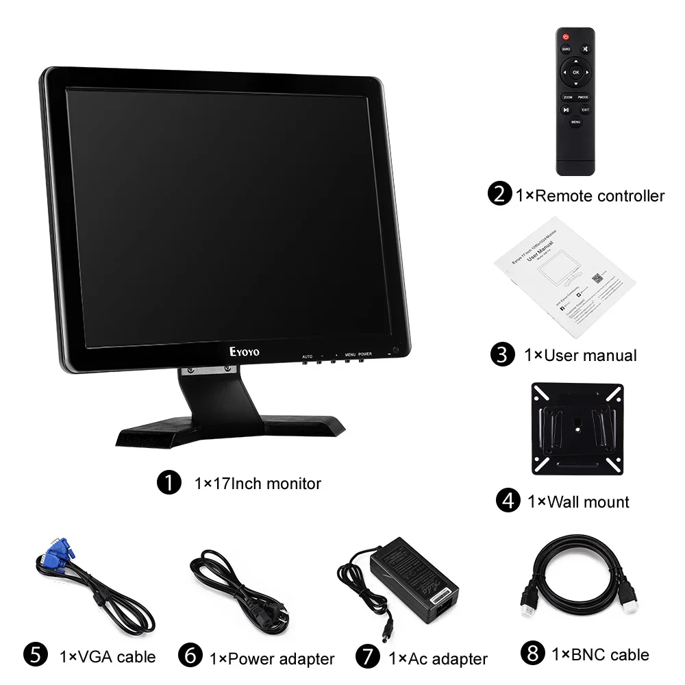 Eyoyo EM17A 17 Inch Desktop Monitor HD 1280×1024 TFT Screen With AV BNC USB VGA HDMI Input Small TV Display For CCTV System PC