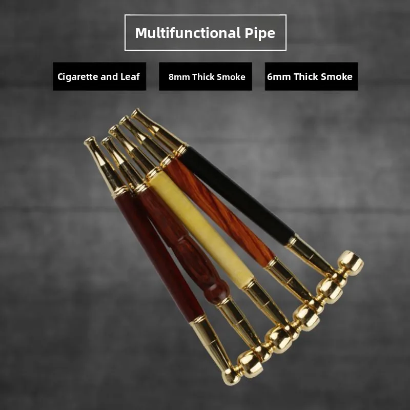 Traditional Handmade Rosewood And Brass Smoking Pipe Old Fashioned Tobacco Pouch Durable Straight Style Smoking Accessory
