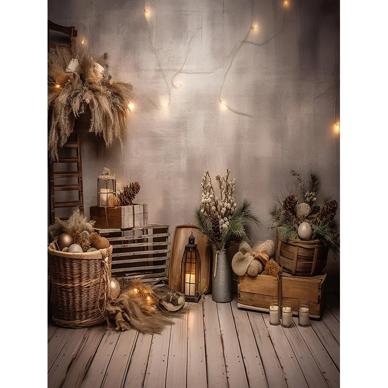 빈티지 크리스마스 날 사진 배경 소품 벽난로, 겨울 크리스마스 트리 장식, 꽃 화환 나무 문짝 배경 JL-05