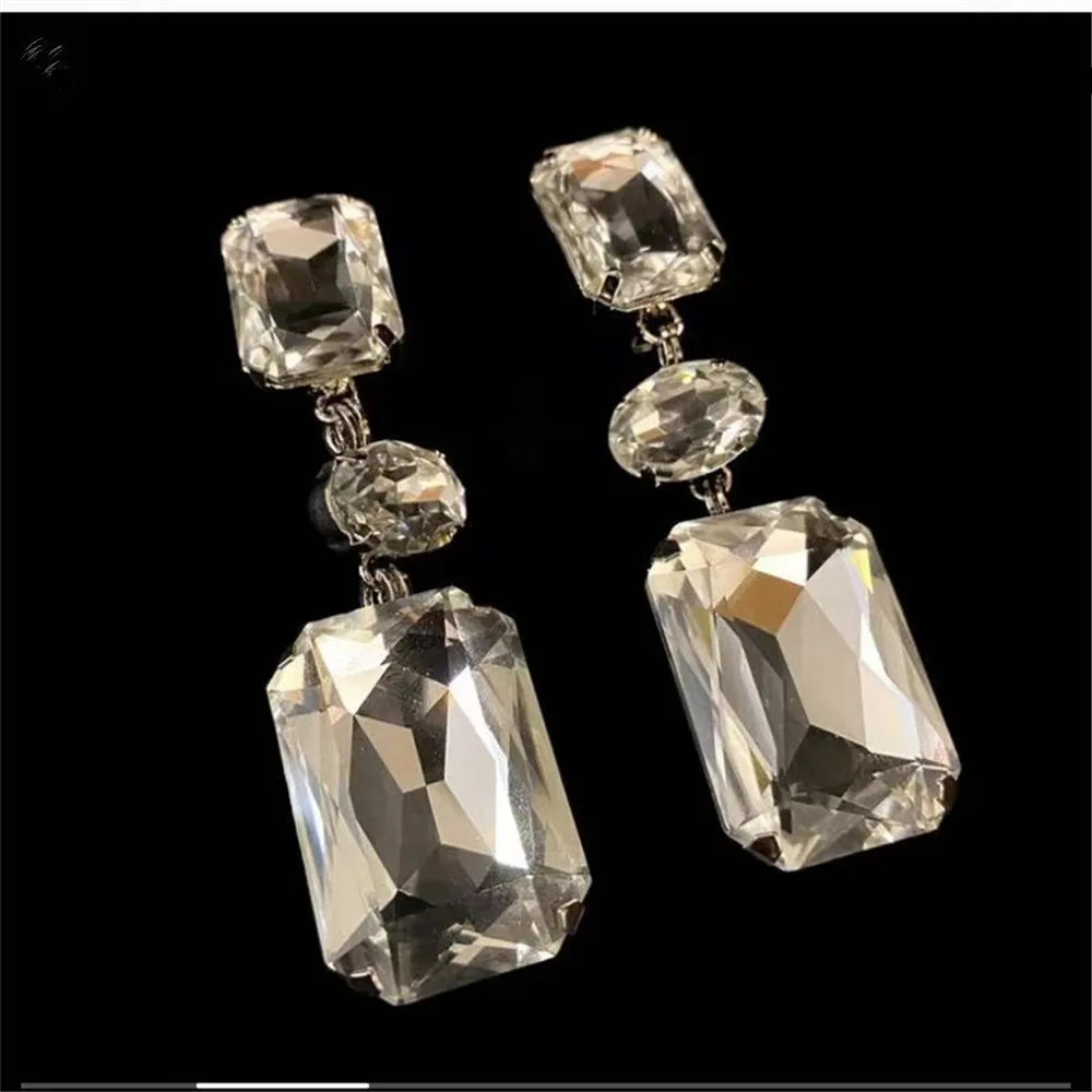 Clear Rhinestone Double Square Pendant Long Drop Earrings Dinner Jewelry for Women Crystal Geometric Water Drop Dangle Earrings