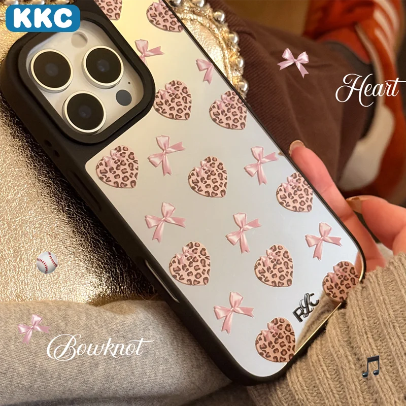 Silberne Leopardenmuster-Handyhülle mit rosa Schleife im koreanischen Stil, Epoxidharz-Anti-Sturz-Schutzhülle für iPhone XR/11/12/13/14/15/16/17 ProMax