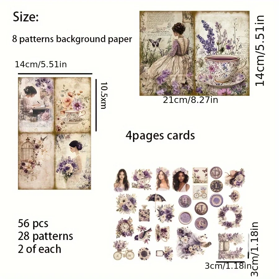 68pcs Card and Sticker Set Vacation Wedding with Lavender, Purple Floral Patterns ,Wedding Album DIY, Greeting Card,Junk Journal