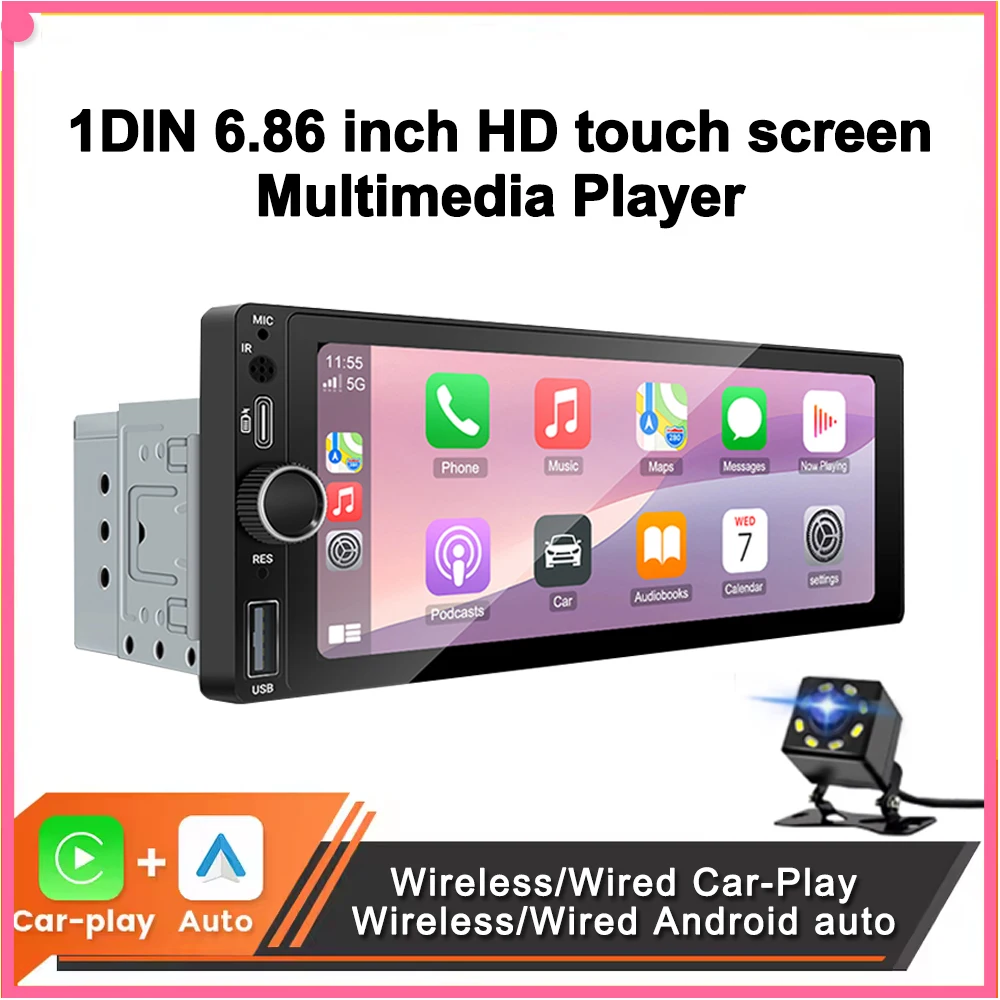 1DIN 6.86 بوصة راديو السيارة العالمي MP5 يدعم Carplay اللاسلكي أندرويد السيارات AUX USB BT شاشة تعمل باللمس مشغل فيديو الوسائط المتعددة