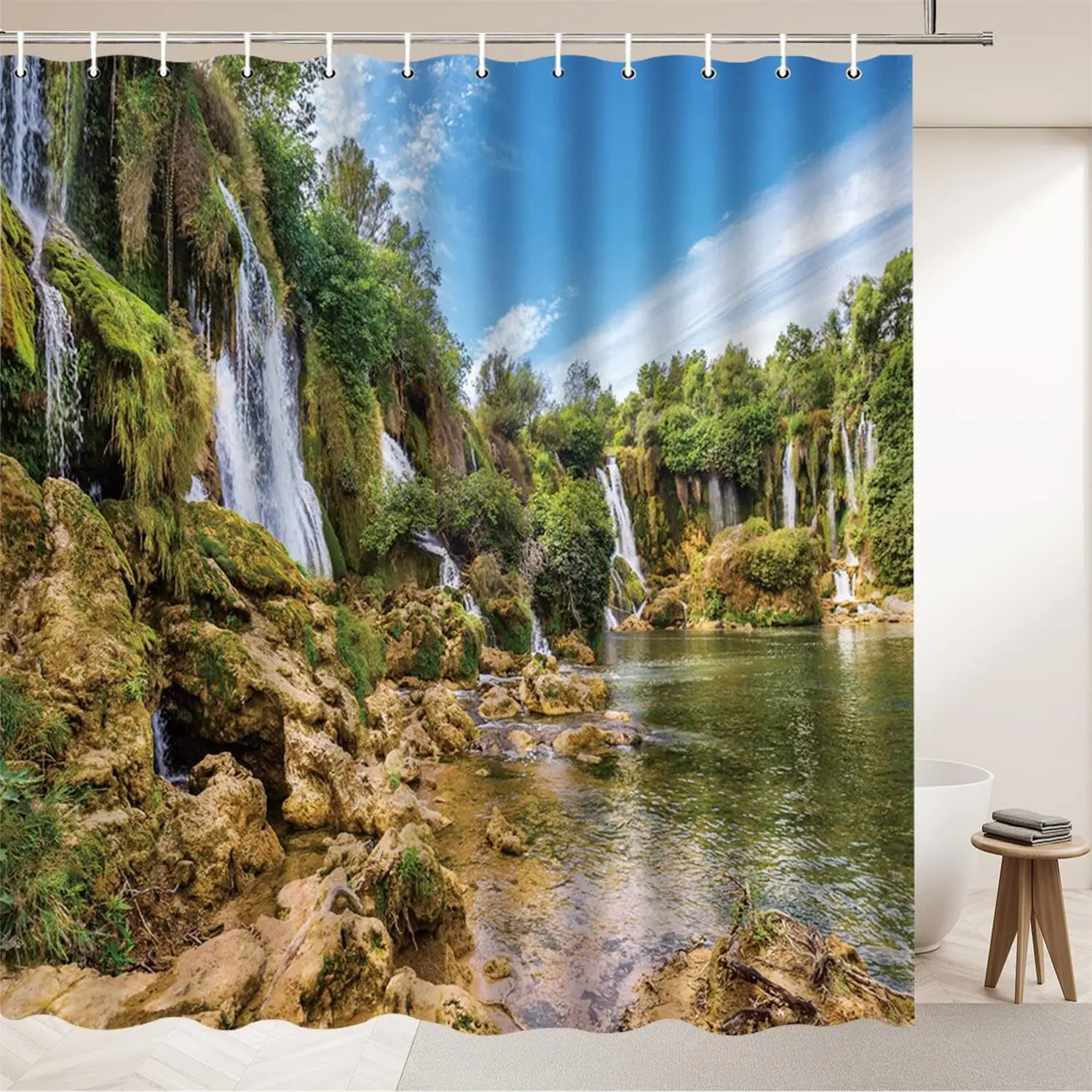 Waterfall Landscape Shower Curtains Outdoor Nature Scenery Lakes Cliffs Green Plant Spring View Home Bathroom Decor Polyester