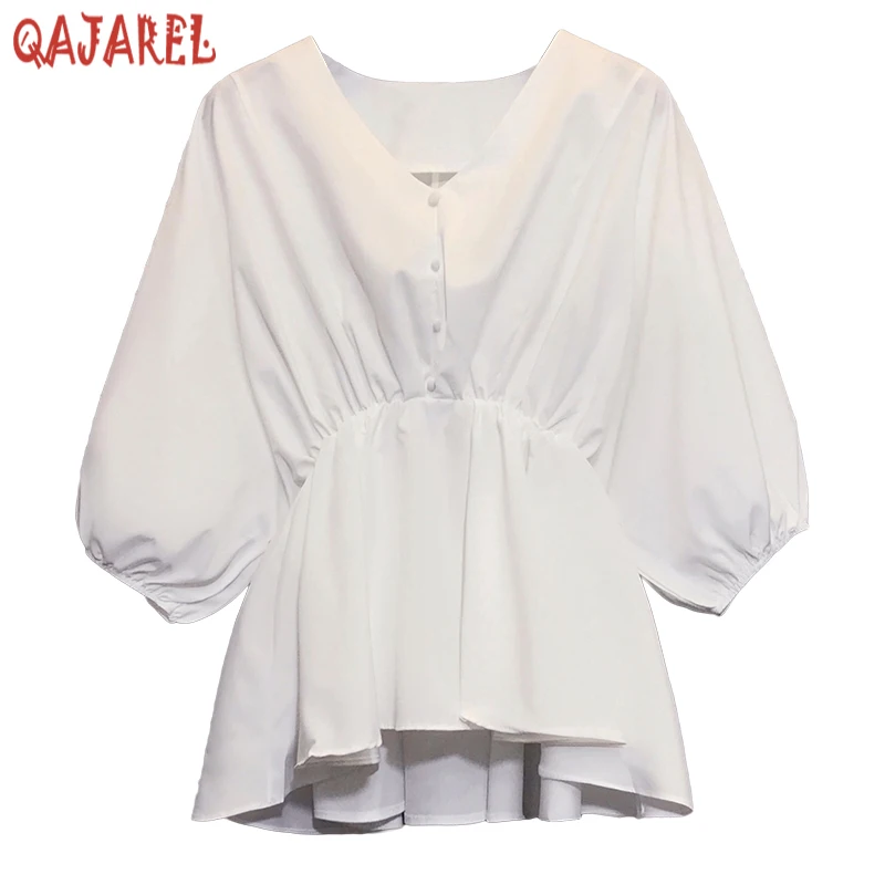 

Женская винтажная блузка с высокой талией, черная облегающая блузка с V-образным вырезом, в Корейском стиле, весна-лето 2024