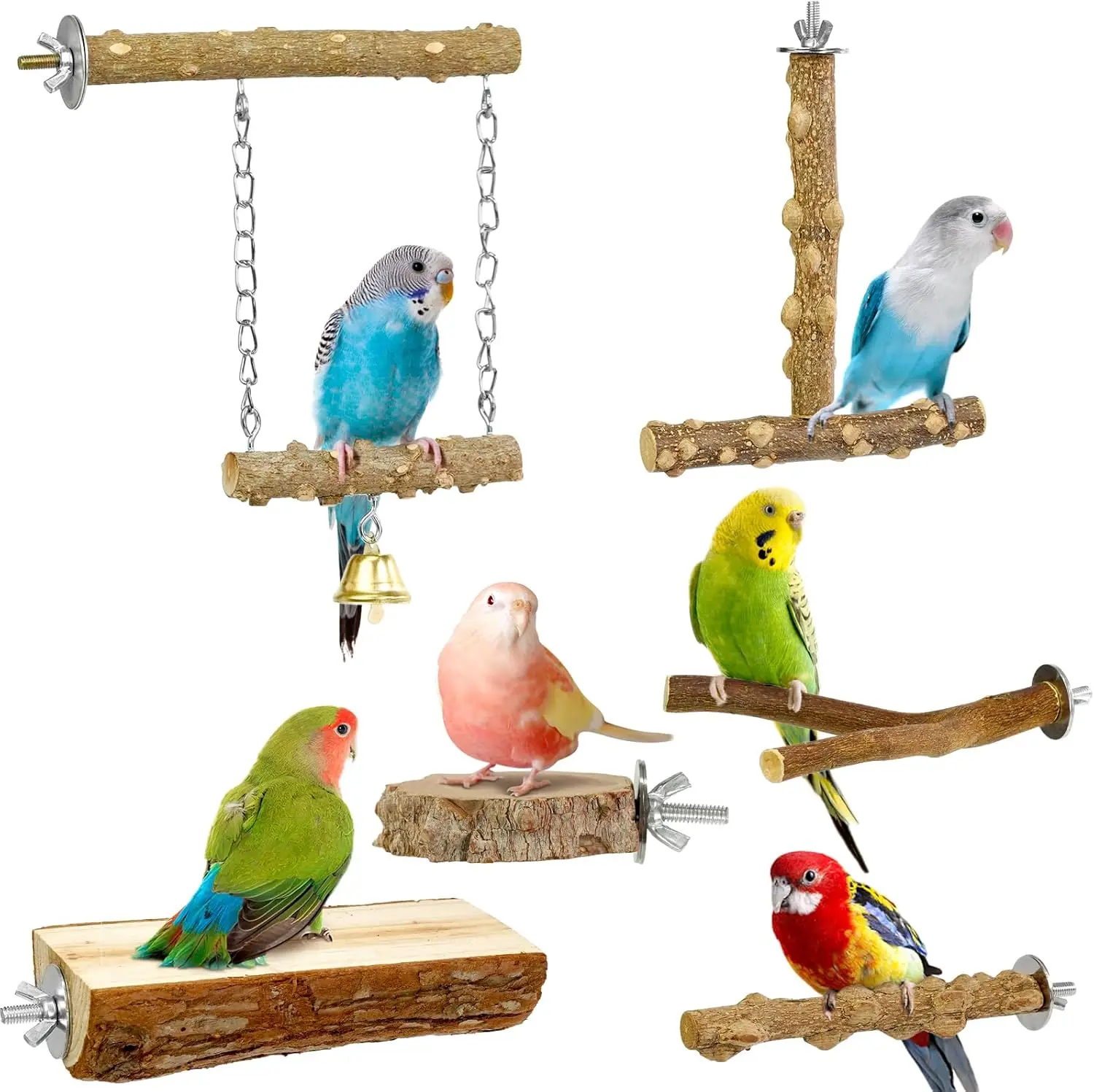 

Bird Perches, 6pcs Natural Wood Birds Stand Branch Bird Perch Chewing Stick Cage Accessories Climbing Standing Branches Paw Sets