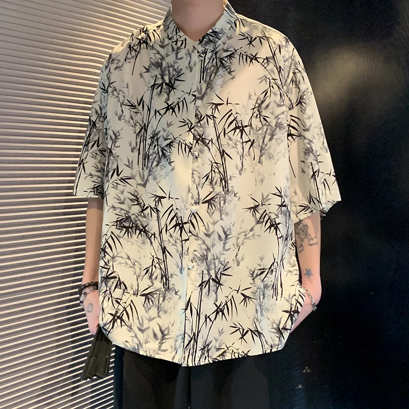 

2024 Summer Streetwear Tunic Top Traditional Chinese Style Mens Vintage Short Sleeve Loose Shirts Madarin Collar Kungfu Shirts