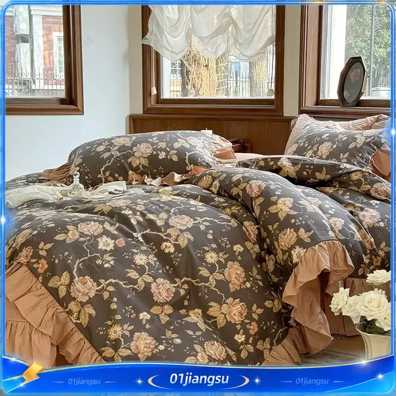 4 6Pcs Vintage French Country Floral Print Ruffles Bedding Set 100 Cotton Duvet Cover Quilted Bedspread Pillowcases Home