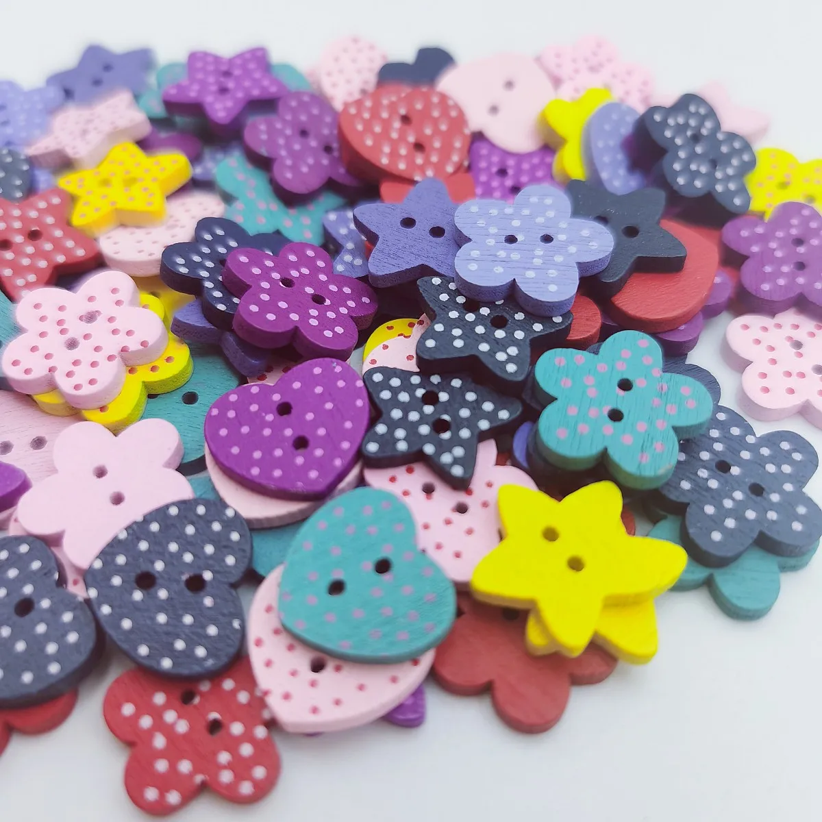 100pcs 15mm Wood Polka Dots Star/Heart/Flower Spotted Buttons Sewing 2 Holes DIY Wedding Crafts Embellishments For Scrapbooking